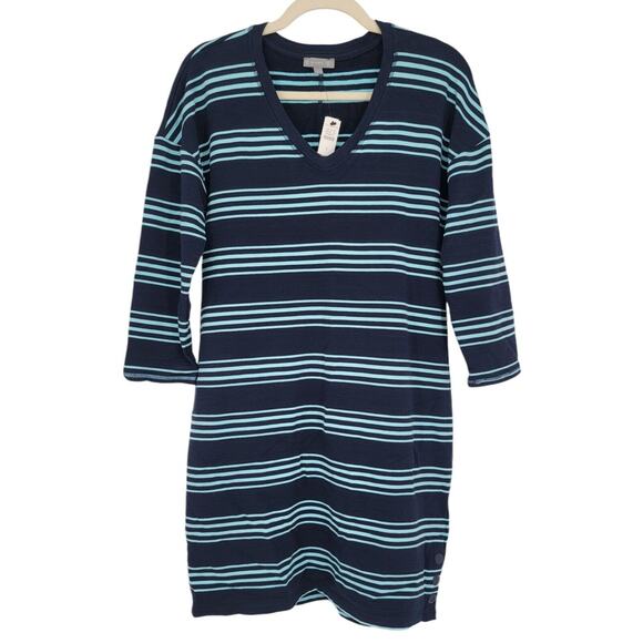 T by Talbots Women's Striped Shift Dress Small‎ UPF 50+ Cotton Modal Navy Aqua - Picture 2 of 8